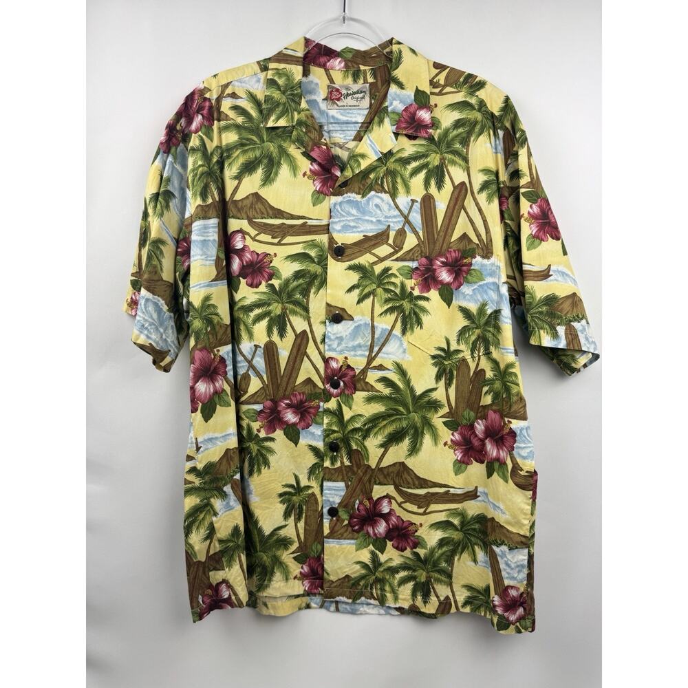 Hilo Hattie Hawaiian Colorful Shirt Sz L Green Palm Tree Canoe Ocean Hibiscus